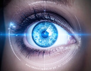 of a human eye with a glowing blue digital overlay, showcasing the concept of technology integration, futuristic vision, and enhanced perception in a high-tech, clean design.