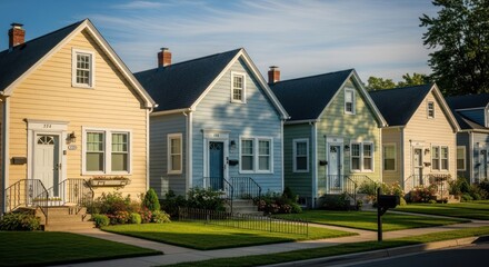 Row of pastel-colored houses, sunny day