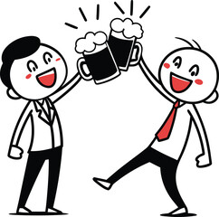 Fototapeta premium Two happy cartoon businessmen toasting with beer mugs celebrating success