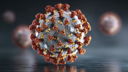 A close-up of a virus-like particle with a gray and orange color scheme, set against a dark background.