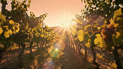 Golden hour sunlight beaming through the lush green leaves of grapevines in a scenic vineyard landscape at sunset - Powered by Adobe