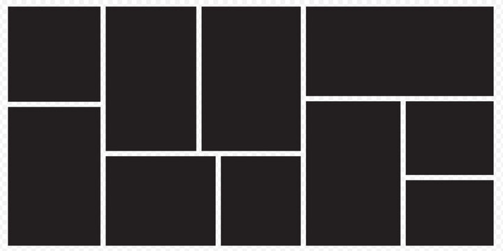 Blank photo frame design, vector collage template layout of six photo frames. Black 6  picture slot Photo album mockup. New collections. Vector illustration. Eps 10.