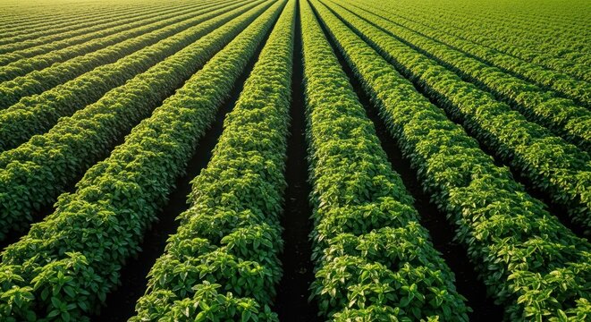 Rows of vibrant green plants stretch across a vast field, a precise agricultural landscape
