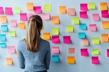 Woman organizing ideas and tasks on a whiteboard using various colored sticky notes for brainstorming and teamwork