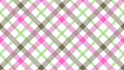 A colorful, diagonal plaid pattern in shades of pink, green, and gray against a white background.