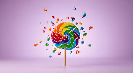 fractions rainbow lollipop candy against pink background