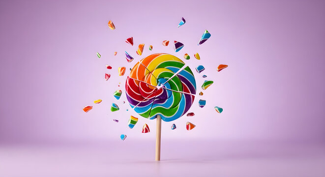fractions rainbow lollipop candy against pink background