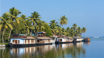 Obraz premium Scenic Kerala Backwaters with Houseboats and Palm Trees on a Sunny Day, Alleppey, India - Tranquil Tropical Travel Destination with Reflections on Water