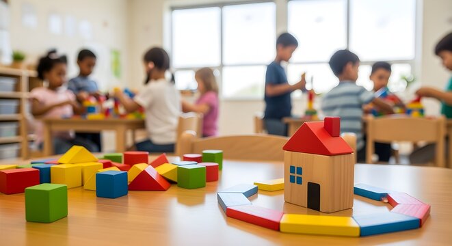Joyful Children day celebration in a vibrant early learning classroom, where young students engage in creative block building activities, fostering development and social interaction