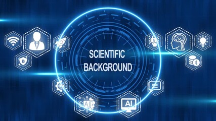 Futuristic blue scientific background concept with glowing icons and digital elements - Powered by Adobe
