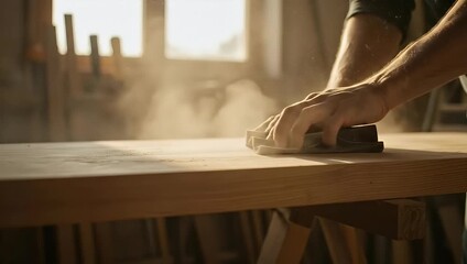 Carpenter Smoothing Wood Surface with Sandpaper in Workshop, Dust Particles Floating in Sunlight