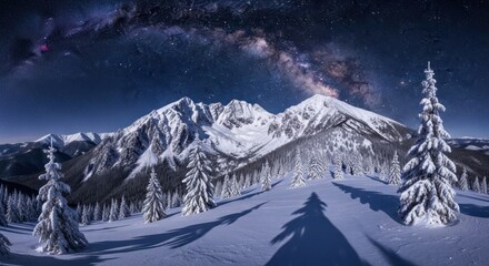 Fototapeta premium Snowy mountain peaks, frosted pine trees, under a vast night sky ablaze with the Milky Way