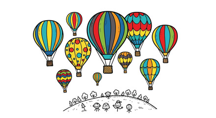 Colorful Hot Air Balloons Ascending Over a Hillside with Stick Figures and Trees