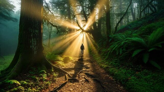 Person walking on a forest path with sun rays shining through trees