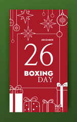 Boxing day vector vertical banner template. Social media story design. Holiday sale promo. Cute winter contour layout. Christmas ornaments, big wrapped gift boxes ribbon tied. Funny festive ads mockup