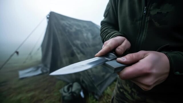 Man sharpens knife with sharpener in misty outdoors camping scene. Camping, knife, man, sharpener, outdoors, fog, tent.