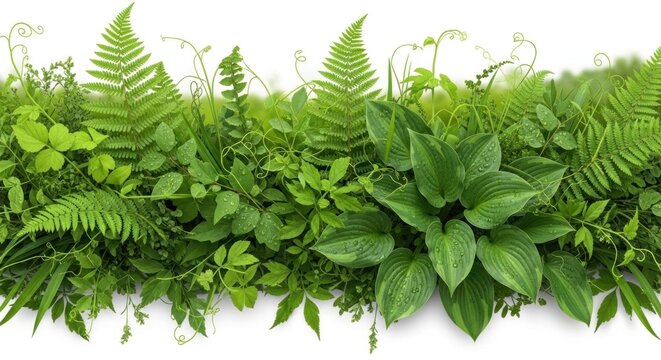 A lush green garden with various plants and ferns, including hostas and ivy, against a white background.