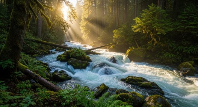 Sunlight streams through a misty forest, illuminating a rushing river. Lush greenery surrounds the rocky streambed