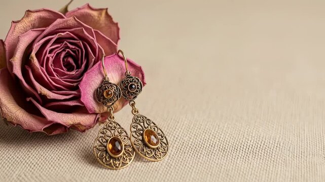 A delicate dried rosebud rests beside ornate gold drop earrings with amber-colored gems