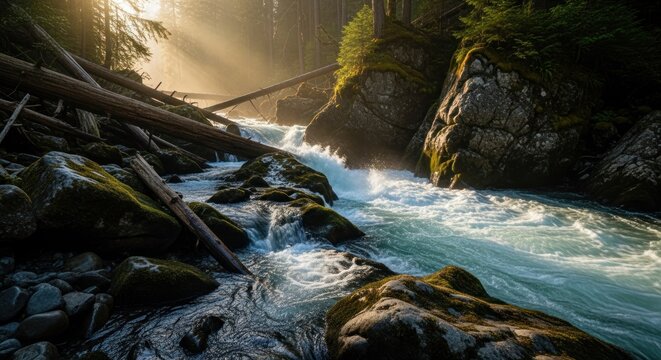 Sunlight streams through a misty mountain river canyon. Fallen logs litter the rocky banks - Powered by Adobe