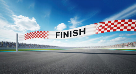 A checkered flag on a race track with the word 'Finish' written on it.
