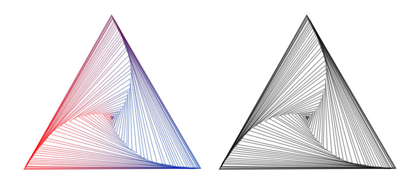 Abstract triangle of connected colorful lines on black