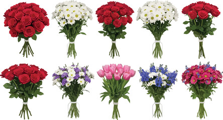 Pixel Art Flower Bouquets Red Roses White Daisies Pink Tulips Blue Flowers