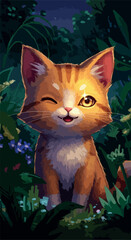 Pixel Art Ginger Cat Winking In Lush Green Forest At Night