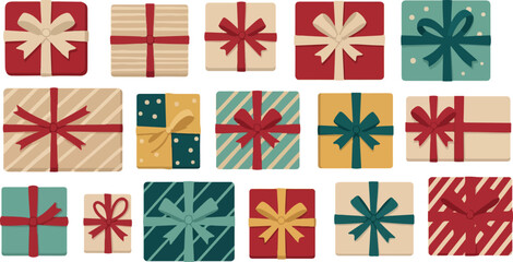 Pixel Art Gift Boxes Flat Design Isolated Objects Red Blue Yellow Green Ribbons