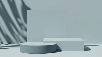 A serene, minimalist 3D rendered studio scene featuring a stylish product display stage with clean geometric shapes. A smooth, round podium and a sleek rectangular plinth are thoughtfully arranged aga