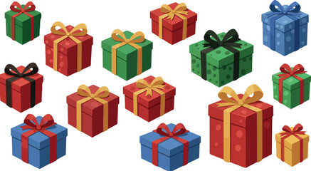 Pixel Art Gift Boxes Red Blue Green Yellow Ribbon Isolated White Background