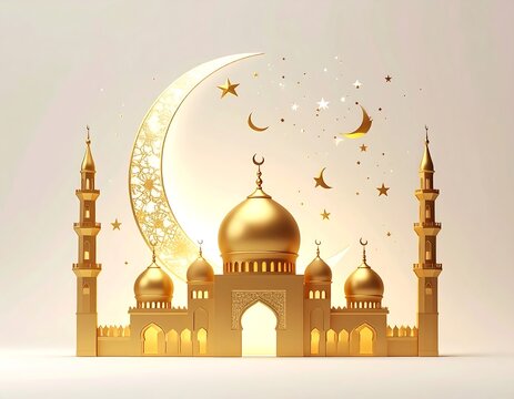 Gold illustration of a mosque with a crescent moon and stars