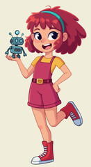 Pixel Art Girl Holding Tiny Robot Toy Yellow Shirt Red Overalls