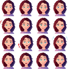 Pixel Art Girl Expressions Set Purple Top Flat Illustration