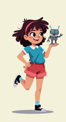Pixel Art Girl Holding Tiny Robot on Light Background