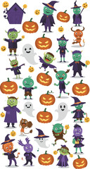 Pixel Art Halloween Characters and Pumpkins Flat Design Vector Illustration