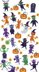 Pixel Art Halloween Characters and Pumpkins on White Background