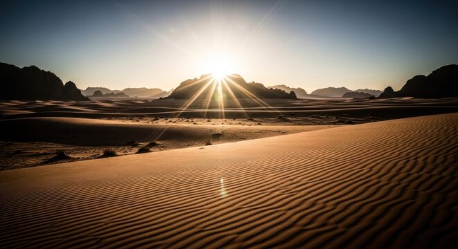 Sunrise over desert dunes.  Sunbeams pierce through mountains - Powered by Adobe