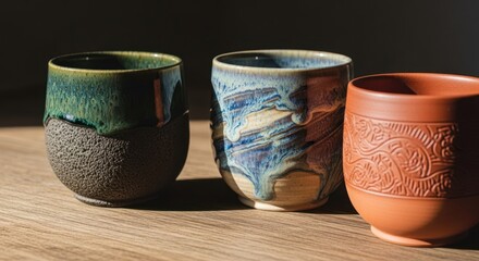 Three handcrafted ceramic cups in various colors and textures