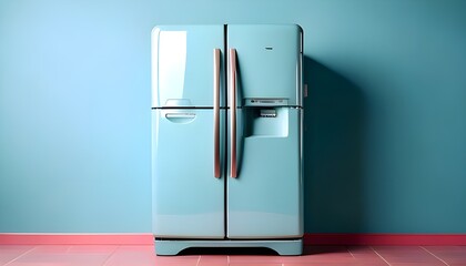 Pastel blue two-door refrigerator with pink floor and blue walls