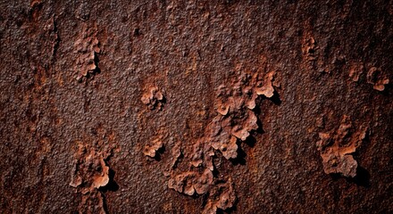 Textured rust on a metal surface.  Dark reddish-brown patches and  irregular,  raised,  oxidized  areas cover the  surface