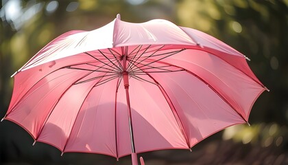 An open pink umbrella with a blurry green background and reflected sunlight.