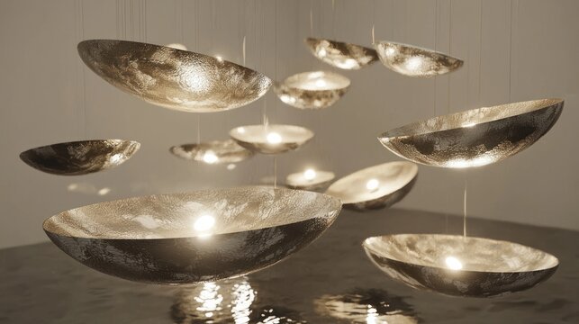 Modern bowl-shaped pendant lights with textured metallic surfaces creating warm reflections in a contemporary interior setting - Powered by Adobe
