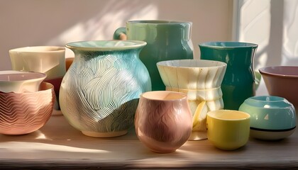 Colorful pottery of various shapes on a white table with sunlight reflecting off it.