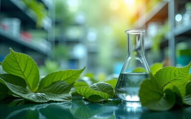 In the biotechnology science laboratory, a beaker and flask stand amidst vibrant green leaves, merging the precision of scientific research with the beauty of nature. Generative AI. High quality