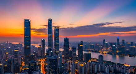 Fototapeta premium Cityscape at dusk featuring tall skyscrapers and a vibrant sunset sky with light rays shining through