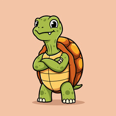 Cute, confident cartoon turtle mascot standing with crossed arms, smiling widely.