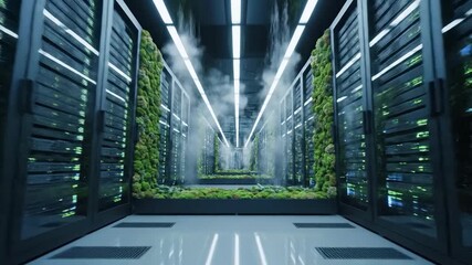 Sustainable data center with green vertical garden walls and advanced server racks - Powered by Adobe
