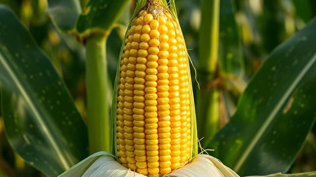 Close up of a ripe corn cob in a field under natural sunlight