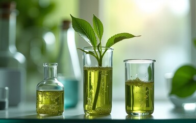 medicine biology laboratory of organic plant experiment test in glasses tube of cosmetic chemistry research medicals, chemical biotechnology science of nature leaf and green herbal oil technology